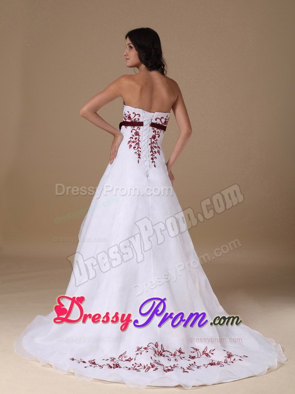 A-line Strapless White Prom Dress with Red Appliques Court Train