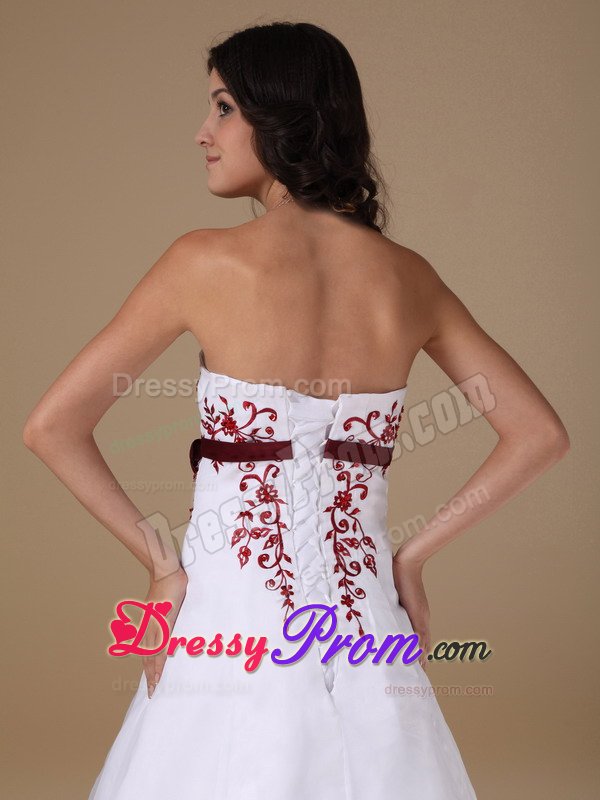 A-line Strapless White Prom Dress with Red Appliques Court Train