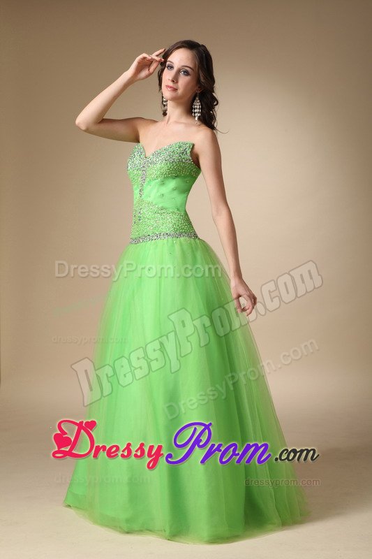 Spring Green Taffeta Tulle Sweetheart Beaded Long Prom Dress