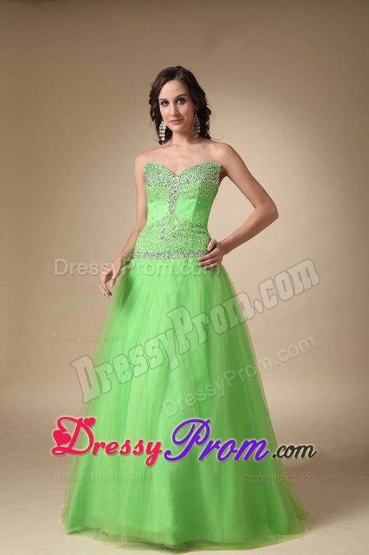 Spring Green Taffeta Tulle Sweetheart Beaded Long Prom Dress