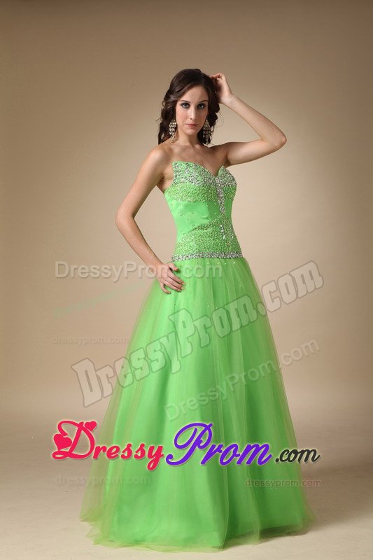 Spring Green Taffeta Tulle Sweetheart Beaded Long Prom Dress
