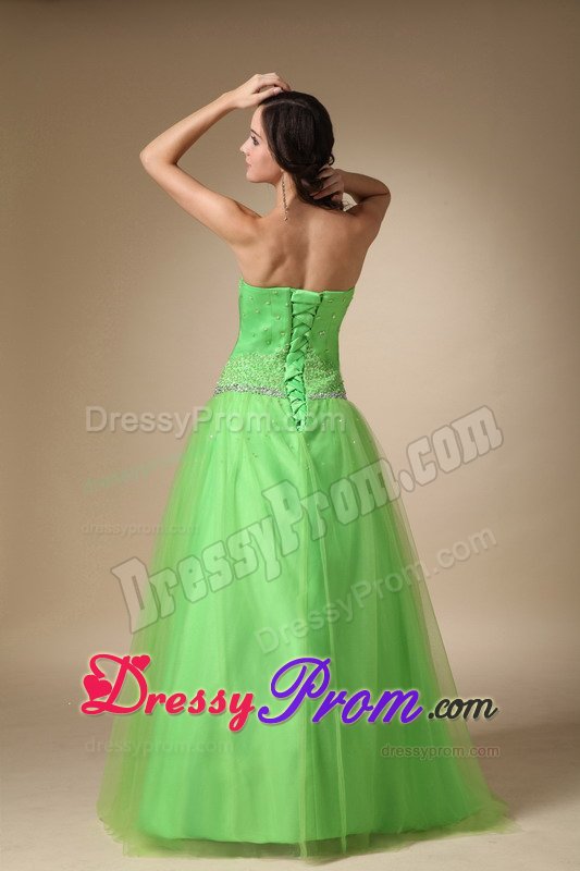 Spring Green Taffeta Tulle Sweetheart Beaded Long Prom Dress