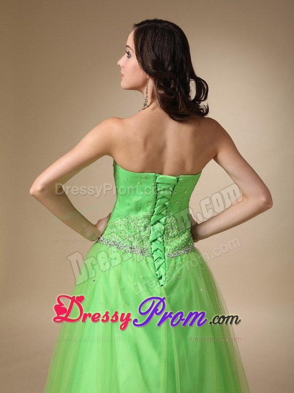 Spring Green Taffeta Tulle Sweetheart Beaded Long Prom Dress