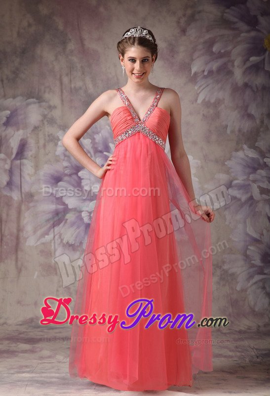 V-neck Beaded Ruched Watermelon Prom Dress in West Yorkshire