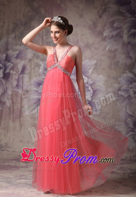 V-neck Beaded Ruched Watermelon Prom Dress in West Yorkshire
