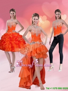2015 High Low Sweetheart Orange Red Prom Skirts with Ruffles and Beading