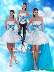 2015 Strapless White and Blue Prom Skirts with Appliques and Beading