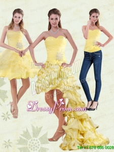 2015 Yellow Sweetheart High Low Prom Skirts with Beading and Ruffled Layers