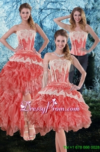 Inexpensive 2015 Appliques and Ruffles Strapless Prom Skirts in Watermelon