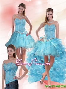 Unique Aqua Blue Sweetheart High Low Prom Skirts with Ruffles and Beading