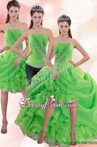 Exclusive Strapless Spring Green Prom Skirts with Appliques and Ruffles
