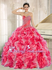 Red and White 2014 Quinceanera Dress with Beadeing and Ruffles for Custom Made