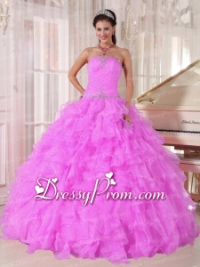 Sweet Ball Gown Strapless Ruffles Organza Beading Pink 2014 Quinceanera Dress