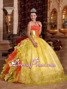2014 Ball Gown Strapless Rufles Organza Embroidery Multi-colour Latest Quinceanera Dress
