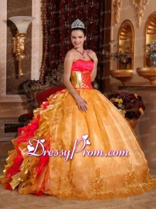 Ball Gown Strapless Floor-length Organza Embroidery Gold Elegant Quinceanera Dress