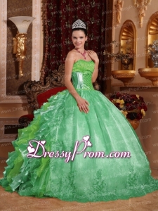 Ball Gown Strapless Green Ruffles Embroidery Beautiful Quinceanera Dress