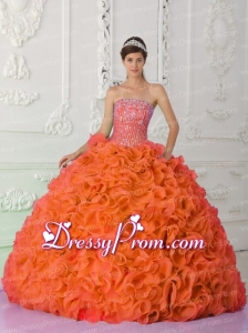 Ball Gown Strapless Organza Beading Orange Red Cheap Quinceanera Dress