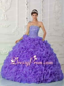 Ball Gown Strapless Organza Purple Latest Quinceanera Dress with Beading and Ruffles
