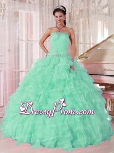 Discount Aqua Blue Ball Gown Strapless Ruching Organza Beading Elegant Quinceanera Dress