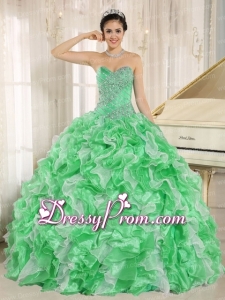 Green Beaded and Ruffles Custom Made For 2013 Sweetheart Exclusive Quinceanera Dress