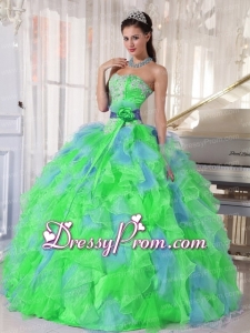 Multi-color Sweetheart Appliques Cheap Quinceanera Dress with Green Flower