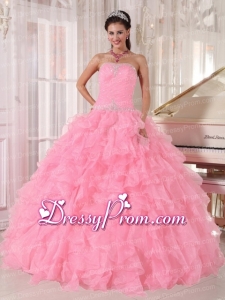 Baby Pink Ball Gown Strapless Floor-length Organza Beading Stylish Quinceanera Dress