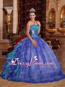 Cheap Ball Gown Blue Modern Quinceanera Dress with Strapless Floor-length Organza Embroidery