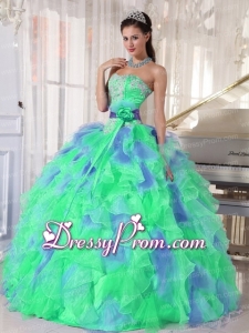 Green and Blue Sweetehart Ruffles and Appliques Perfect Quinceanera Dress