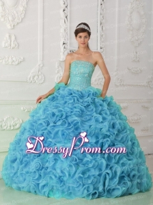 Organza Ball Gown Strapless Beading Blue Traditional Quinceanera Dress with Ruffles