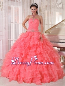 Popular Strapless Watermelon Red Ruffles Beading Perfect Quinceanera Dress for 2014