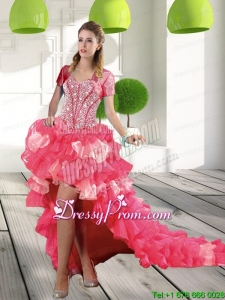 Most Popular Coral Red High Low Dama Dresses with Beading and Ruffled Layers