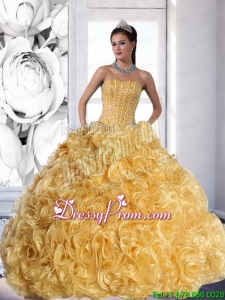 Fabulous Strapless Gold 2015 Quinceanera Dresses with Beading and Rolling Flowers