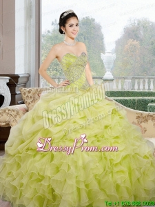 2015 Elegant Sweetheart Yellow Green Quinceanera Dresses with Ruffles and Pick Ups