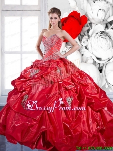2015 Modern Beading and Appliques Red Quinceanera Dresses with Brush Train and Pick Ups