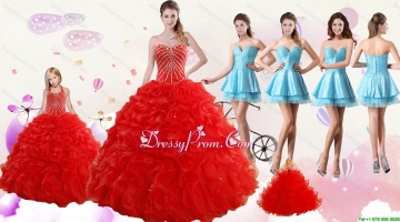 2015 Ruffled Red Quinceanera Gown and Light Blue Sweetheart Beading Prom Dresses and Halter Top Beaded Flower Girl Dress