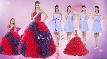 Elegant Multi Color Floor Length Quinceanera Dress and Ruching Short Dama Dresses and Multi Color Halter Top Little Girl Dre