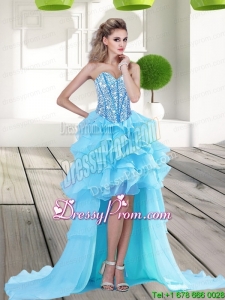 2015 Cheap Aqua Blue High Low Prom Dress with Beading and Ruffles