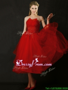 Elegant Tea Length Applique Red Dama Dress with Asymmetrical Neckline