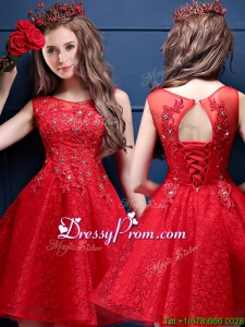Classical Scoop Red prom Dress with Appliques and Beading
