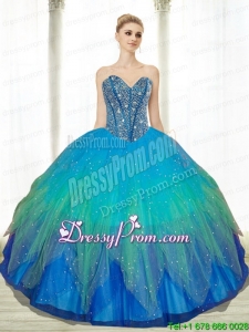 2015 Exclusive Beading Sweetheart Tulle Turquoise Quinceanera Gowns