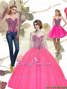 2015 Fabulous Beading Sweetheart Tulle Hot Pink Quinceanera Dresses
