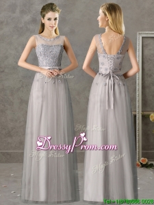 Cheap See Through Scoop Grey Long prom Dress with Appliques