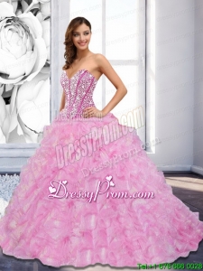 Elegant 2015 Sweetheart Beading and Ruffles Rose Pink Quinceanera Dresses