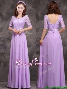 Exclusive Scoop Half Sleeves Lavender prom Dress with Appliques and Lace