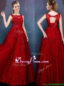 See Through Scoop Wine Red prom Dress with Beading and Appliques