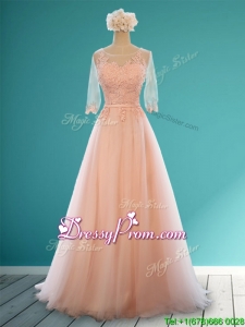 Classical Scoop Half Sleeves Prom Dress with Appliques and Belt