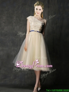 Elegant One Shoulder Sashes and Appliques Prom Dress in Champagne