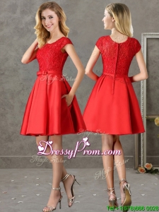 Gorgeous Scoop Cap Sleeves Red prom Dress with Lace and Bowknot