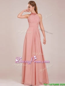Low Price Halter Top Peach Long prom Dress in Chiffon