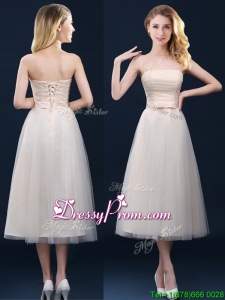 Low Price Strapless Belt Champagne Long Prom Dress in Tulle